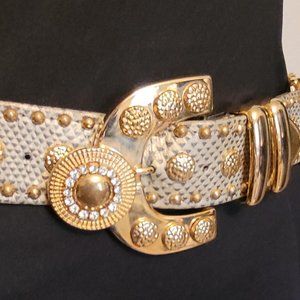St. Maarten Dallas Gray & Gold Tone Studded Rhinestone Concho Belt Women's Small